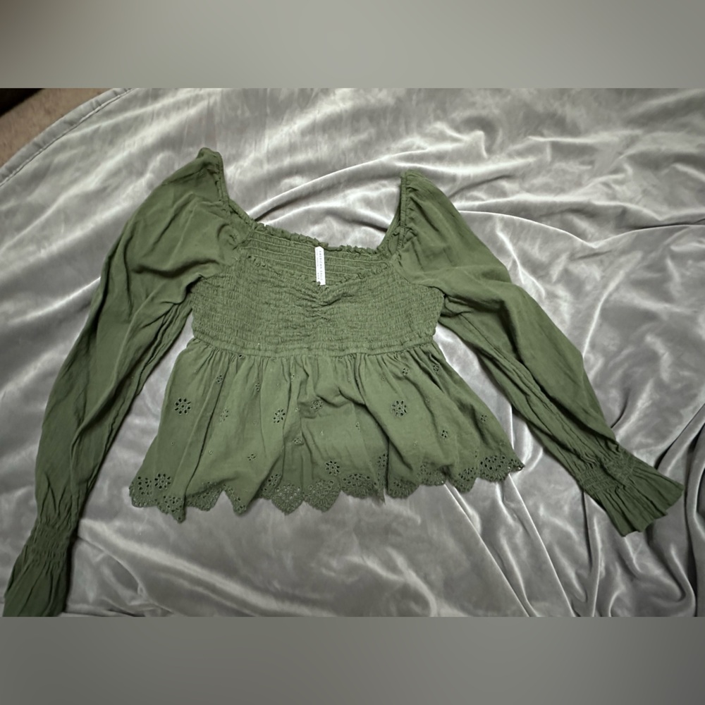American Eagle Outfitters Olive Green Smocked Peasant Top